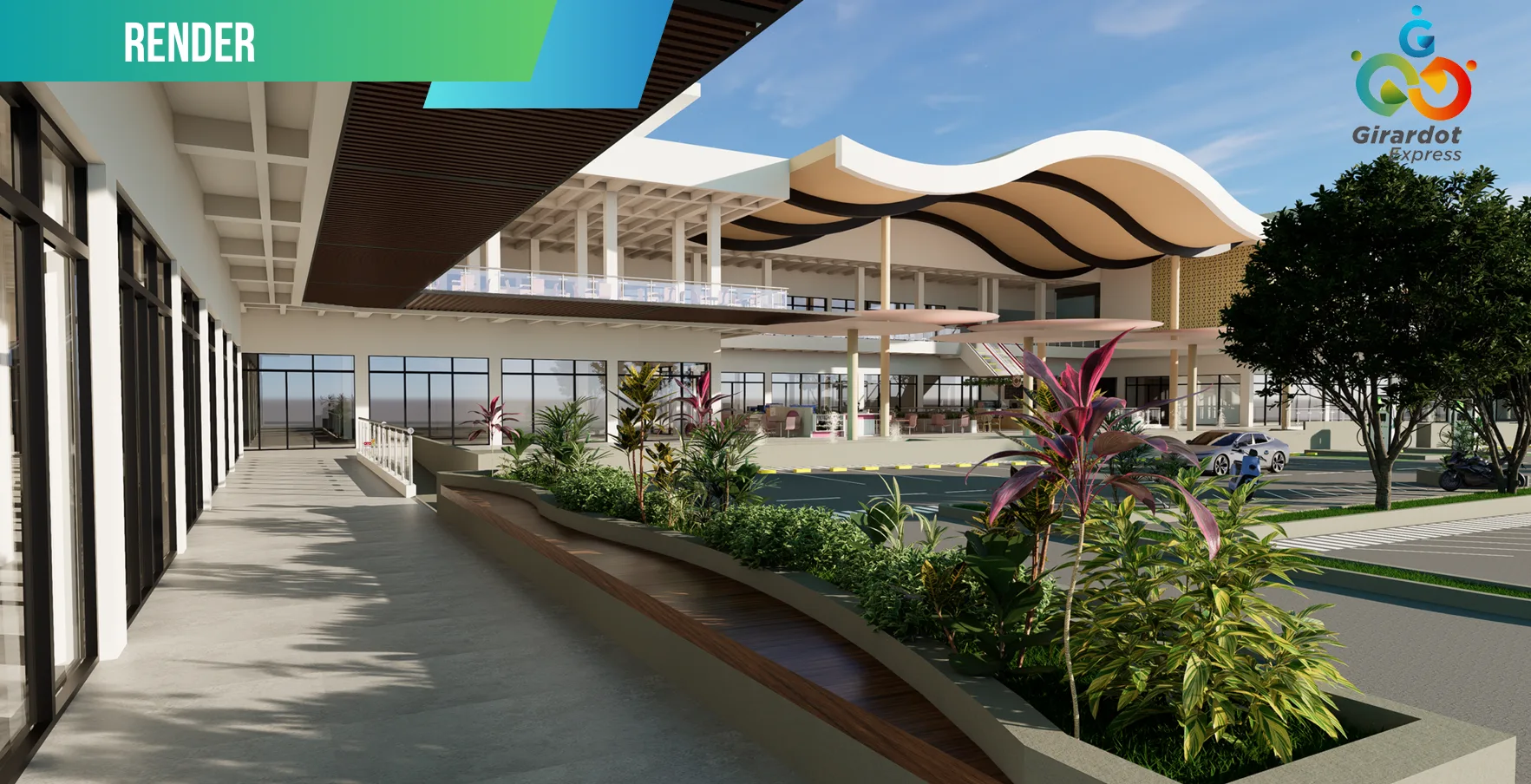 Render de la plazoleta abierta, los recorridos y la vegetación proyectada de Girardot Express