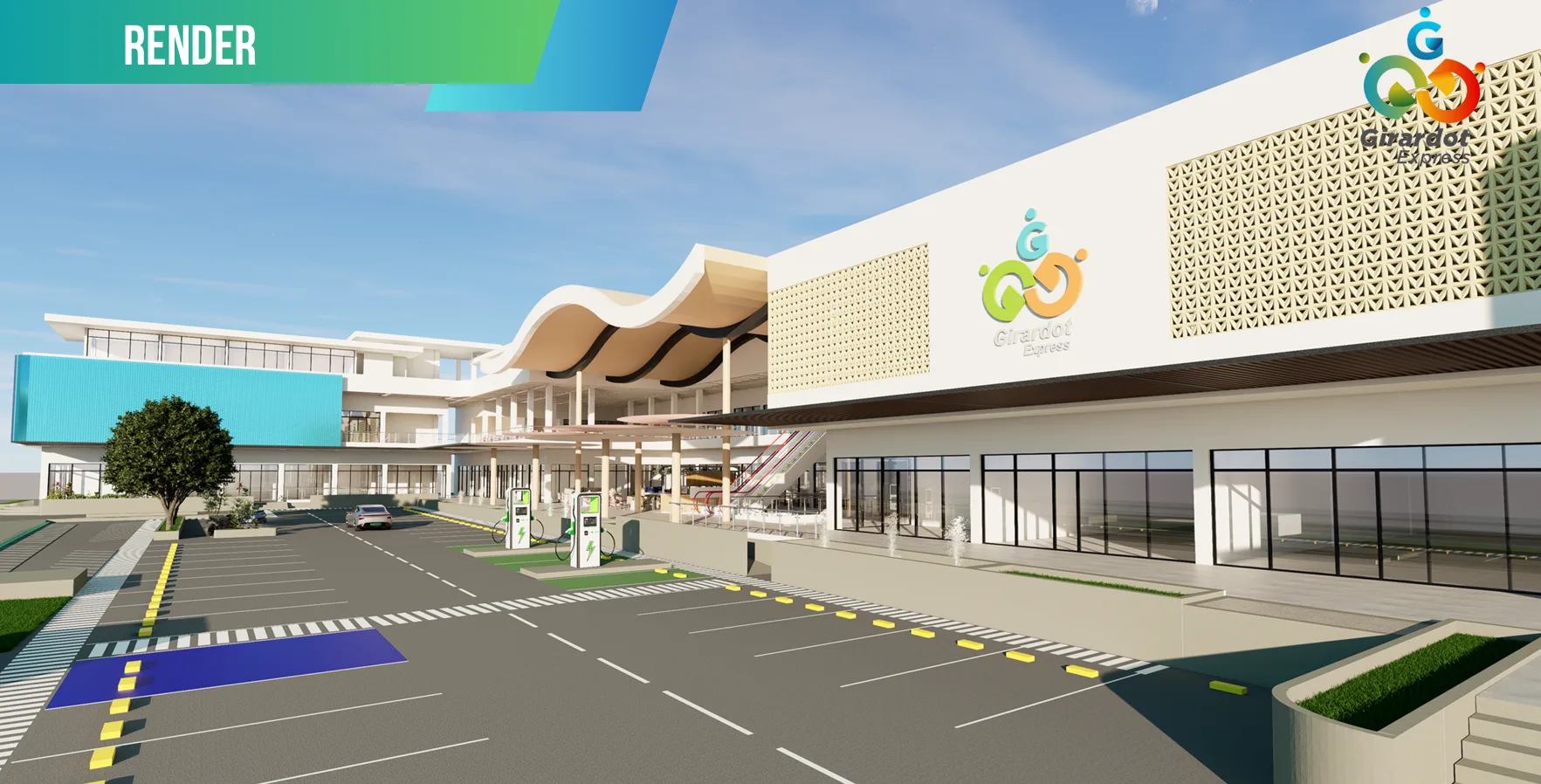 Render de la fachada y los accesos del centro comercial Girardot Express